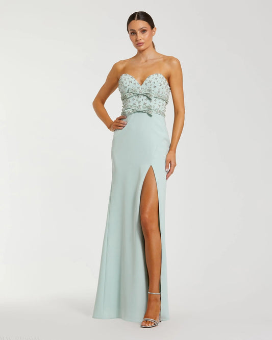 Green Strapless Rhinestone Bodice Crepe Gown