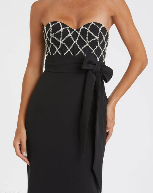 Black Strapless Embellished Crepe Gown With Bow