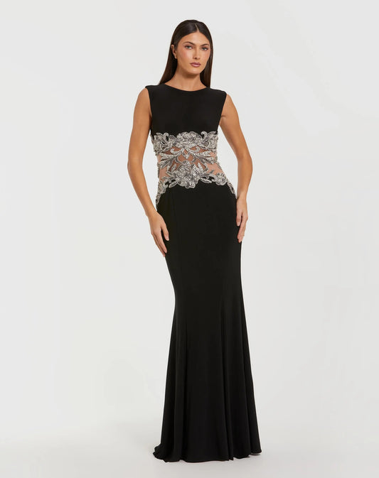 Black Sleeveless Jersey Gown With Beaded Waist Detail