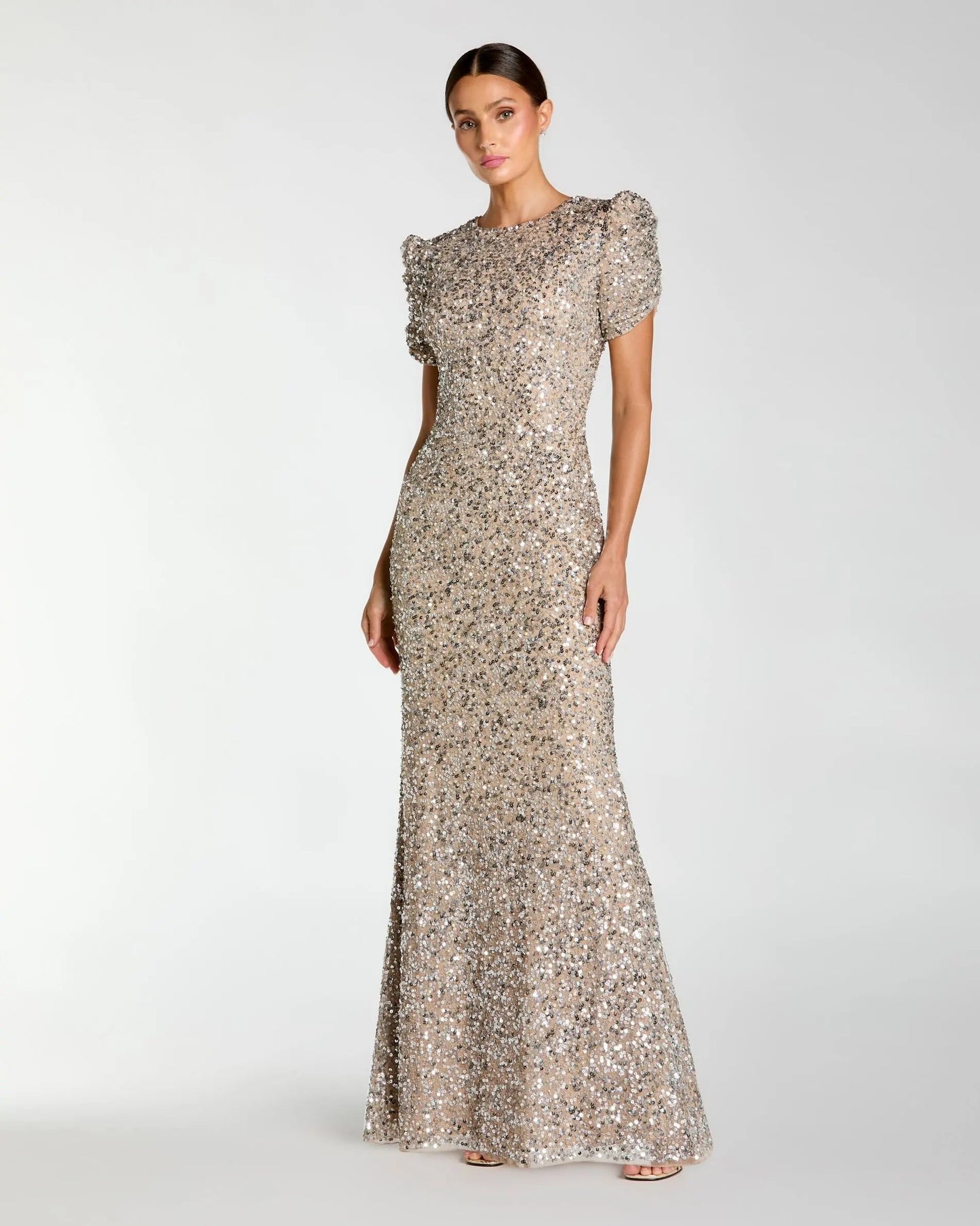 Beige Sequin Trumpet Gown with Puff Sleeves