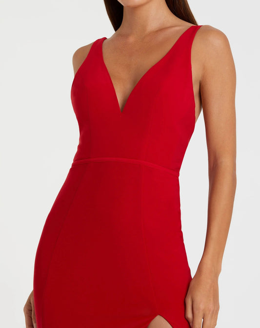 Red Plunge Neck High Slit Gown