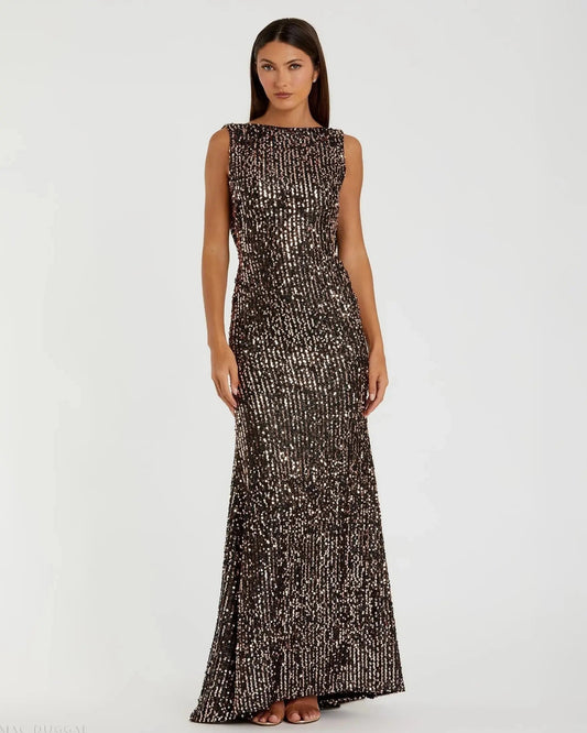 Brown Cowl Back Boat Neck Sequined Evening Gown