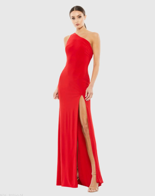 Red Jersey One Shoulder Draped Back Gown