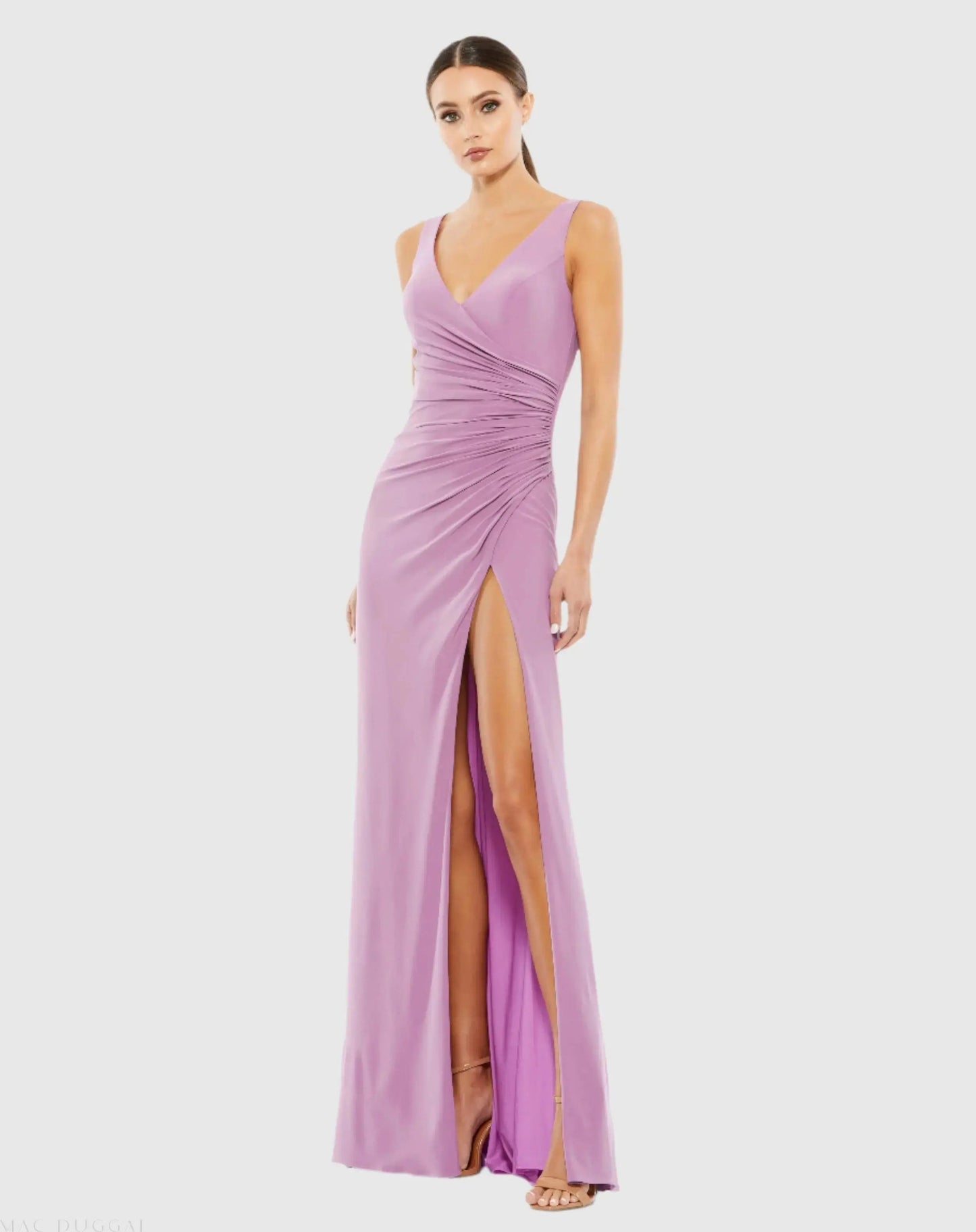 Purple Ruched Stretch Jersey V-Neck Gown