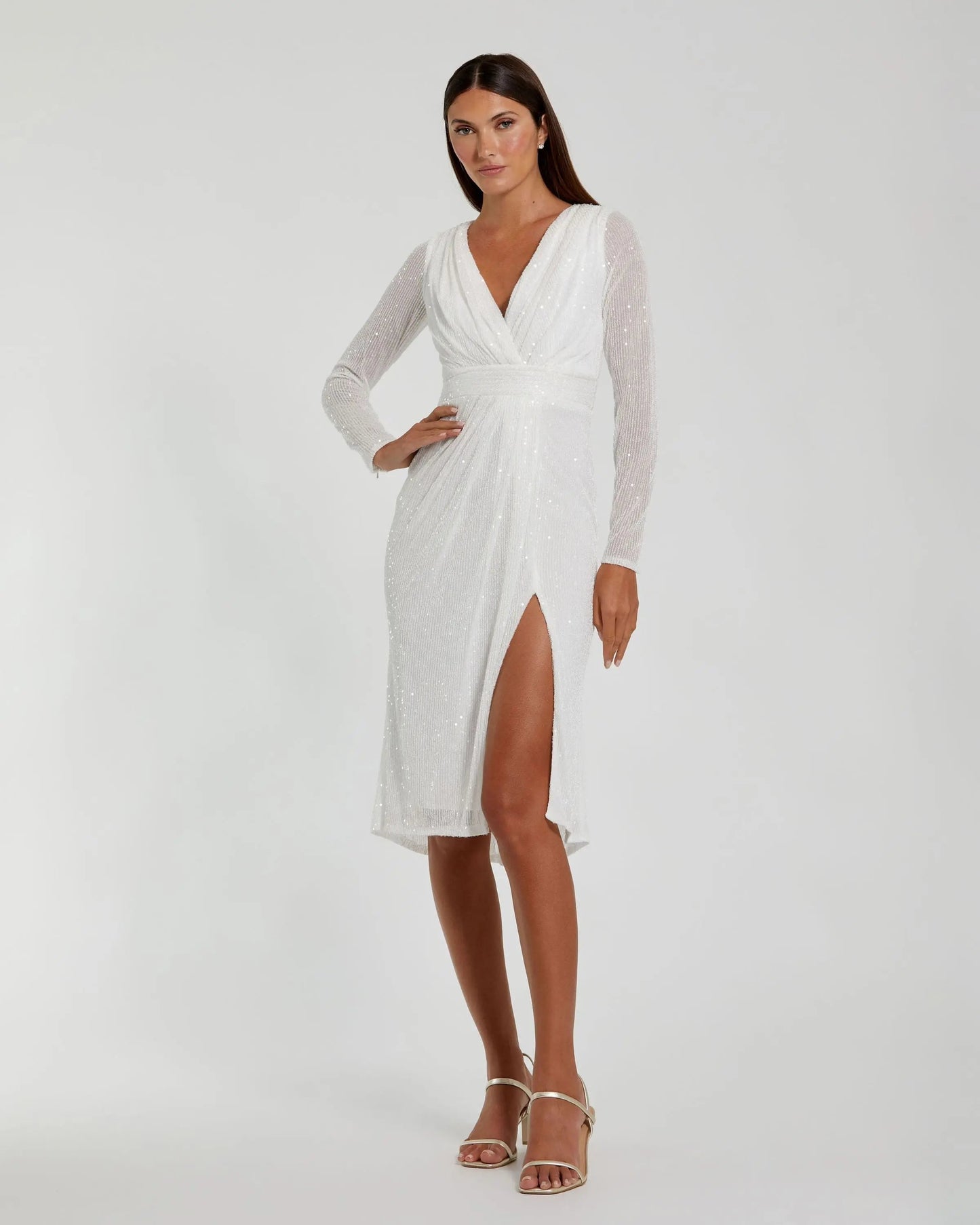 White Long Sleeve Sequined Midi Dress