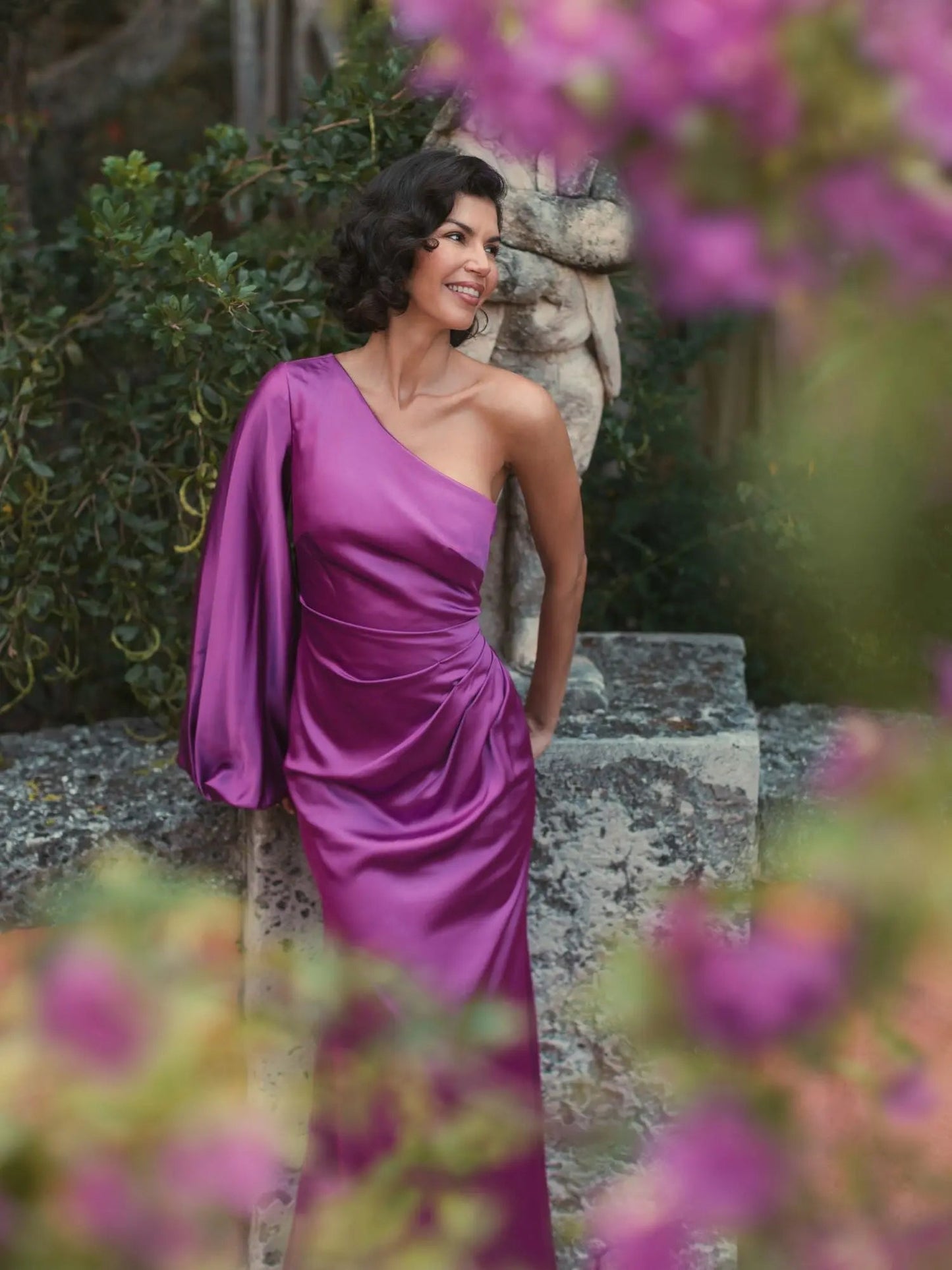 Purple Satin Puff Sleeve Gown