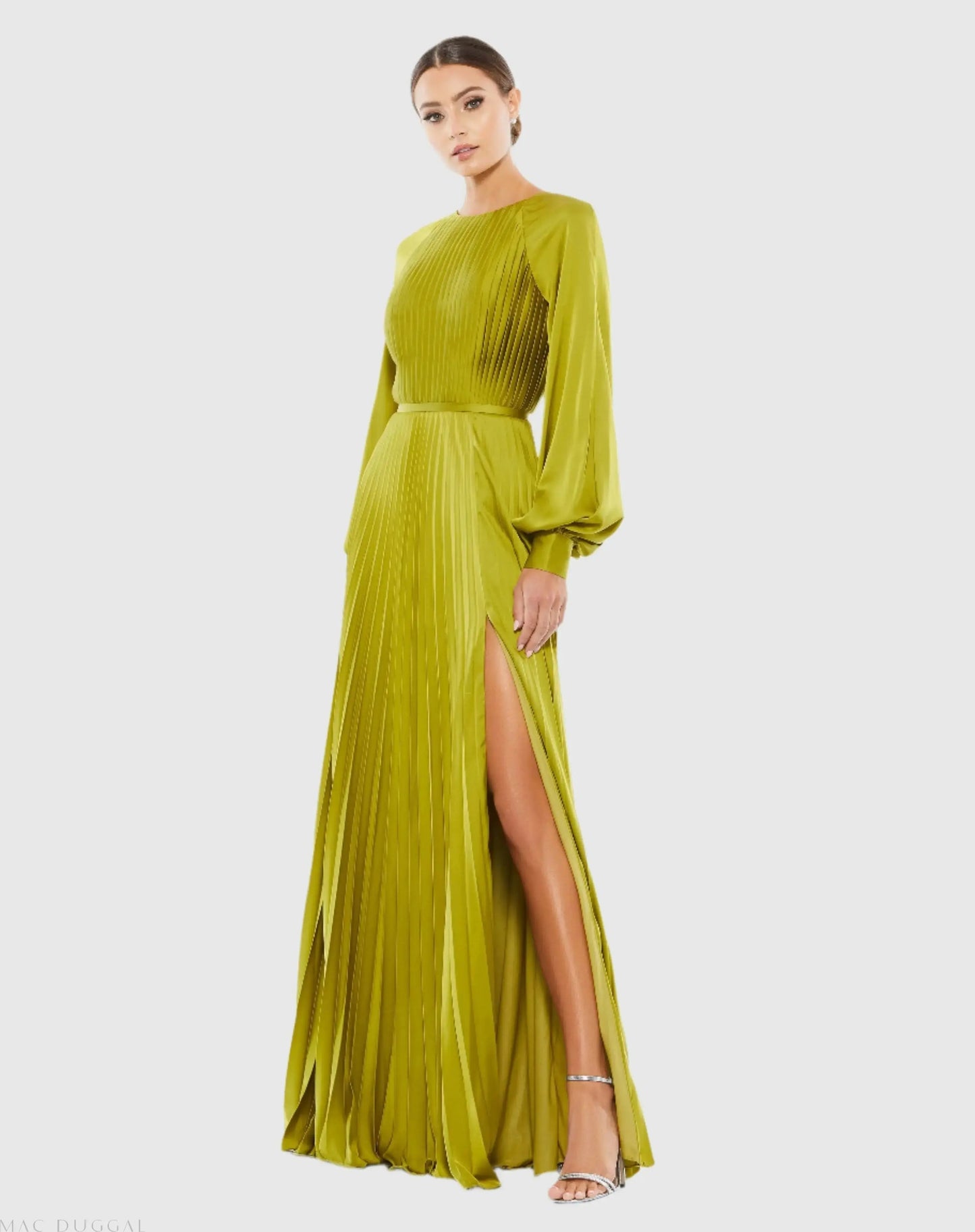 Green Pleated High Neck Long Sleeve Gown with Slit