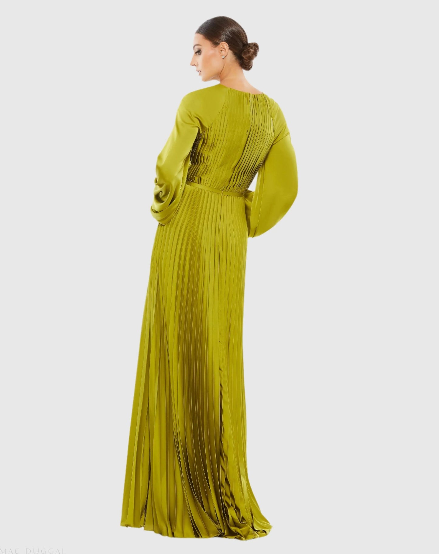 Green Pleated High Neck Long Sleeve Gown with Slit
