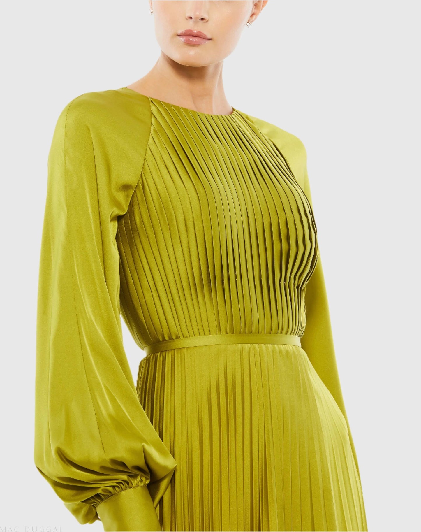 Green Pleated High Neck Long Sleeve Gown with Slit