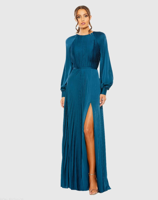 Blue Pleated High Neck Long Sleeve Gown with Slit