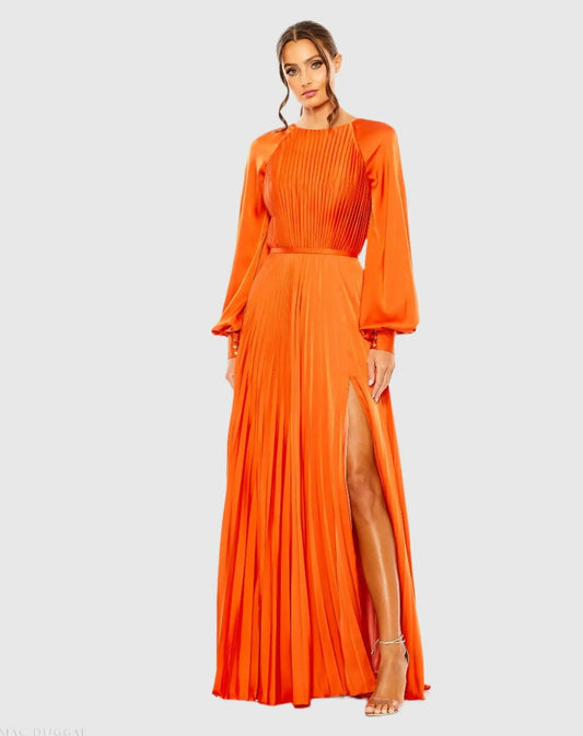 Orange Pleated High Neck Long Sleeve Gown with Slit