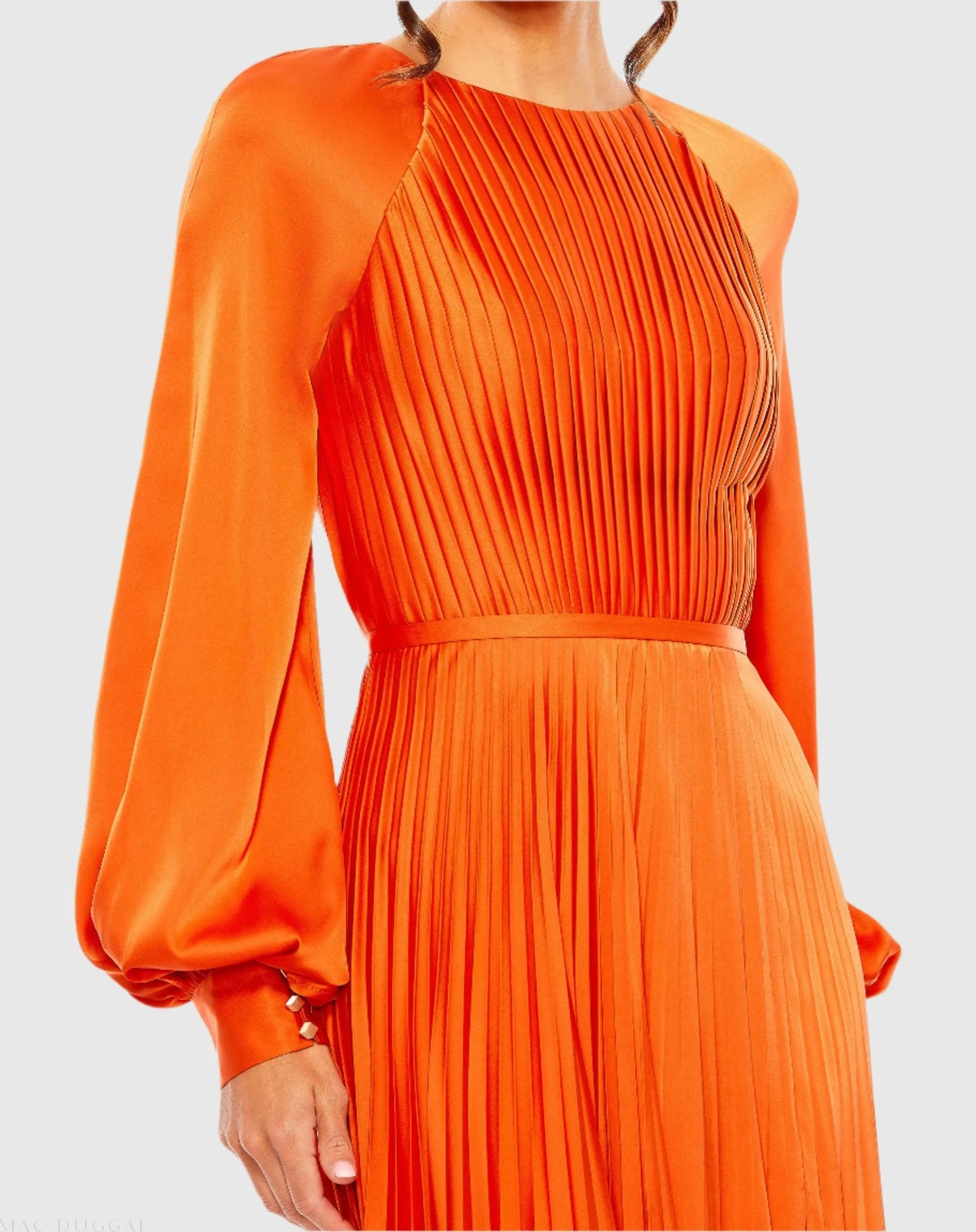 Orange Pleated High Neck Long Sleeve Gown with Slit