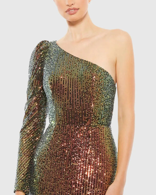 Multicolor Sequined One Shoulder Trumpet Gown