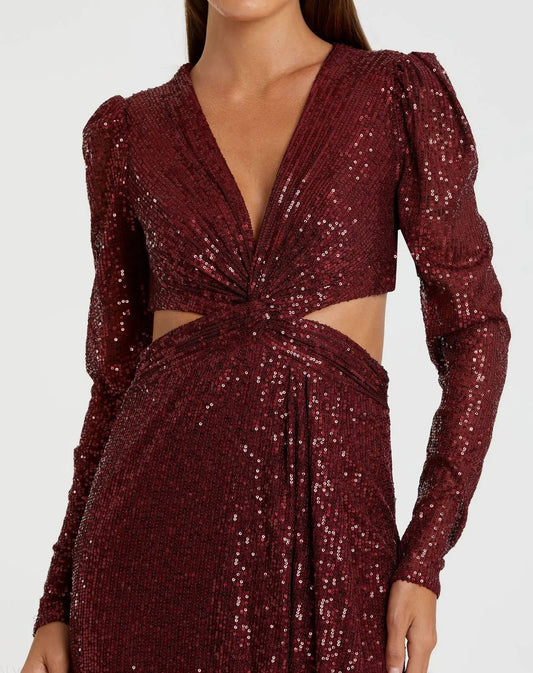Red Sequined Criss Cross Long Sleeve Gown