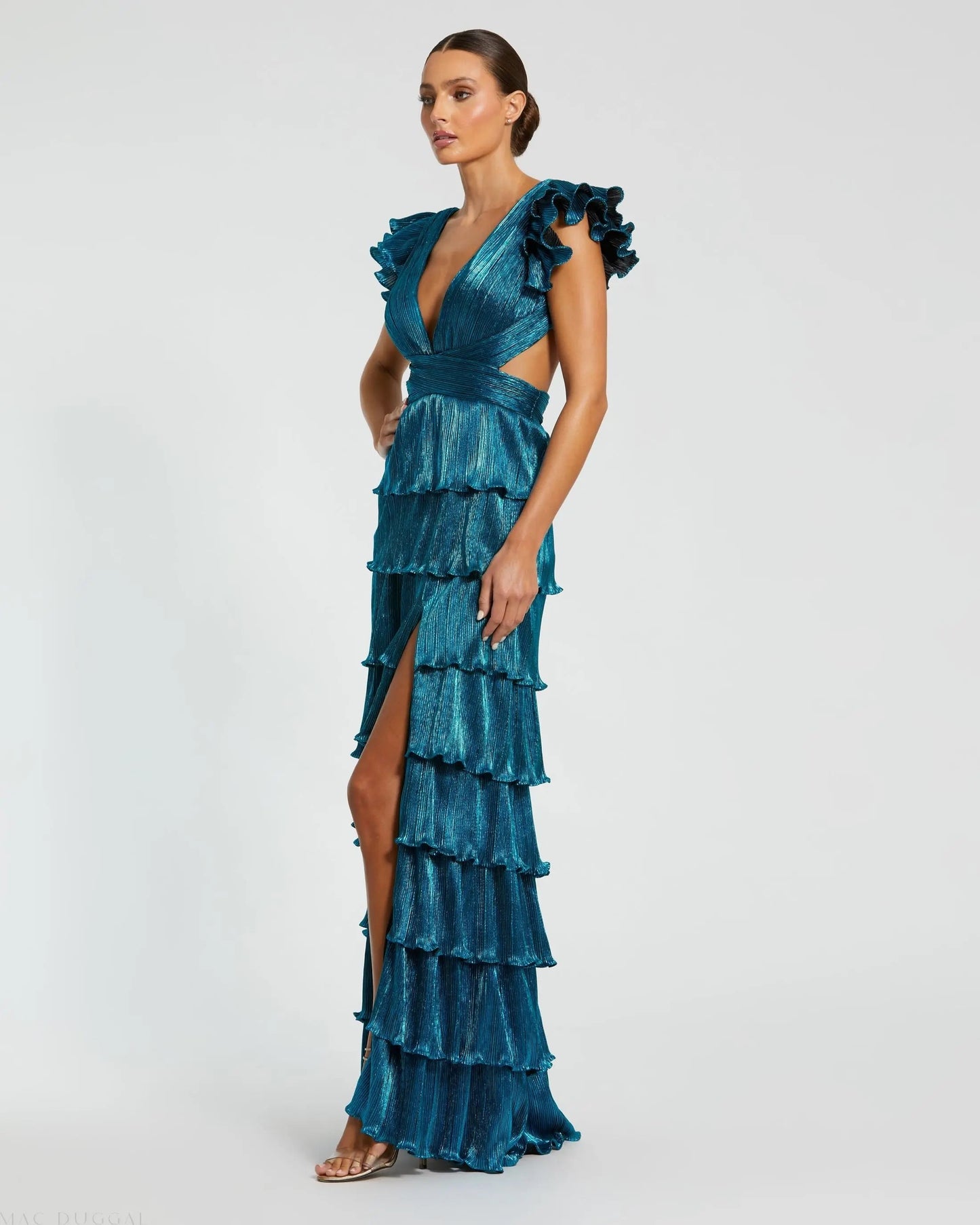 Blue Ruffle Tiered Criss Cross Lace Up Gown