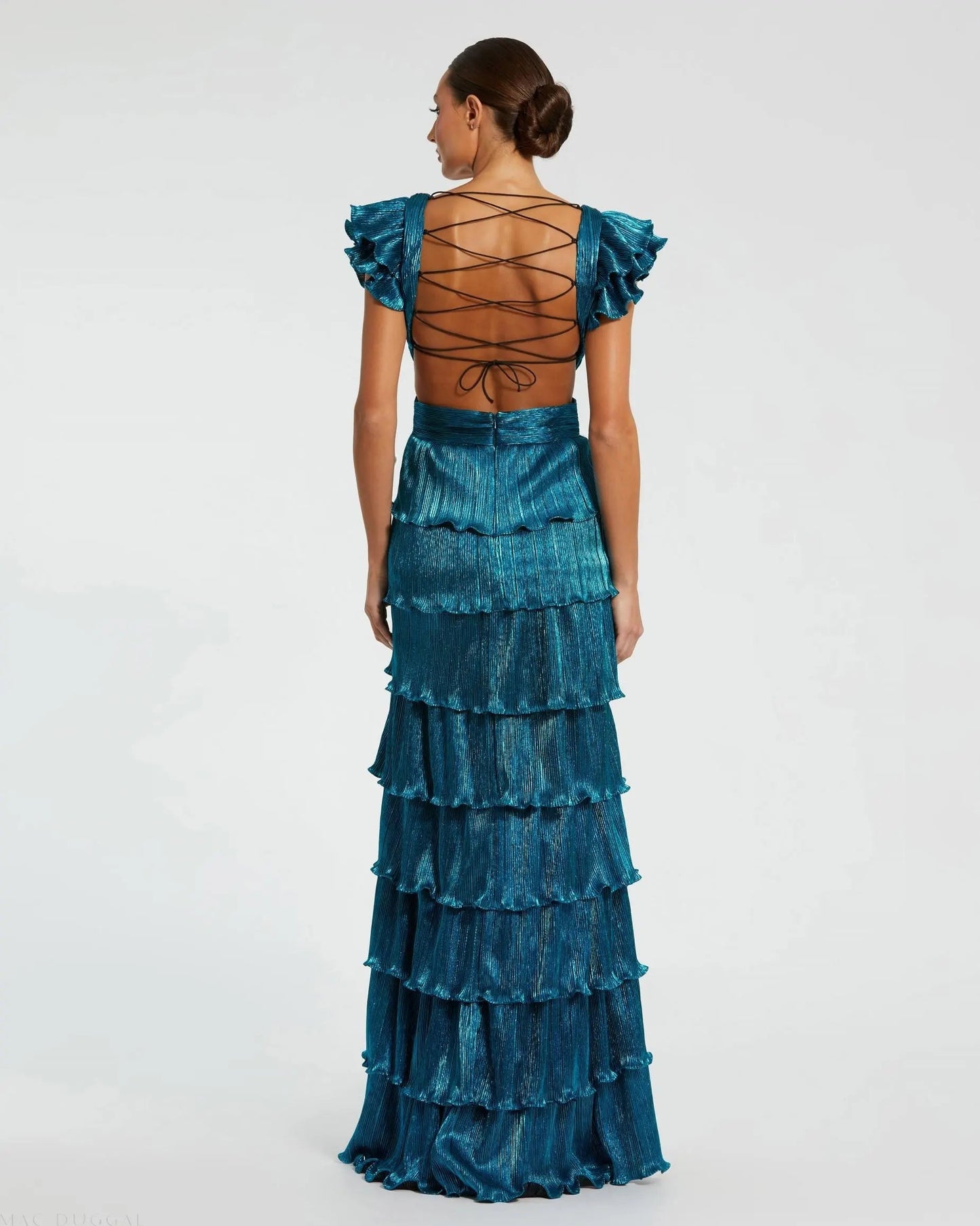 Blue Ruffle Tiered Criss Cross Lace Up Gown