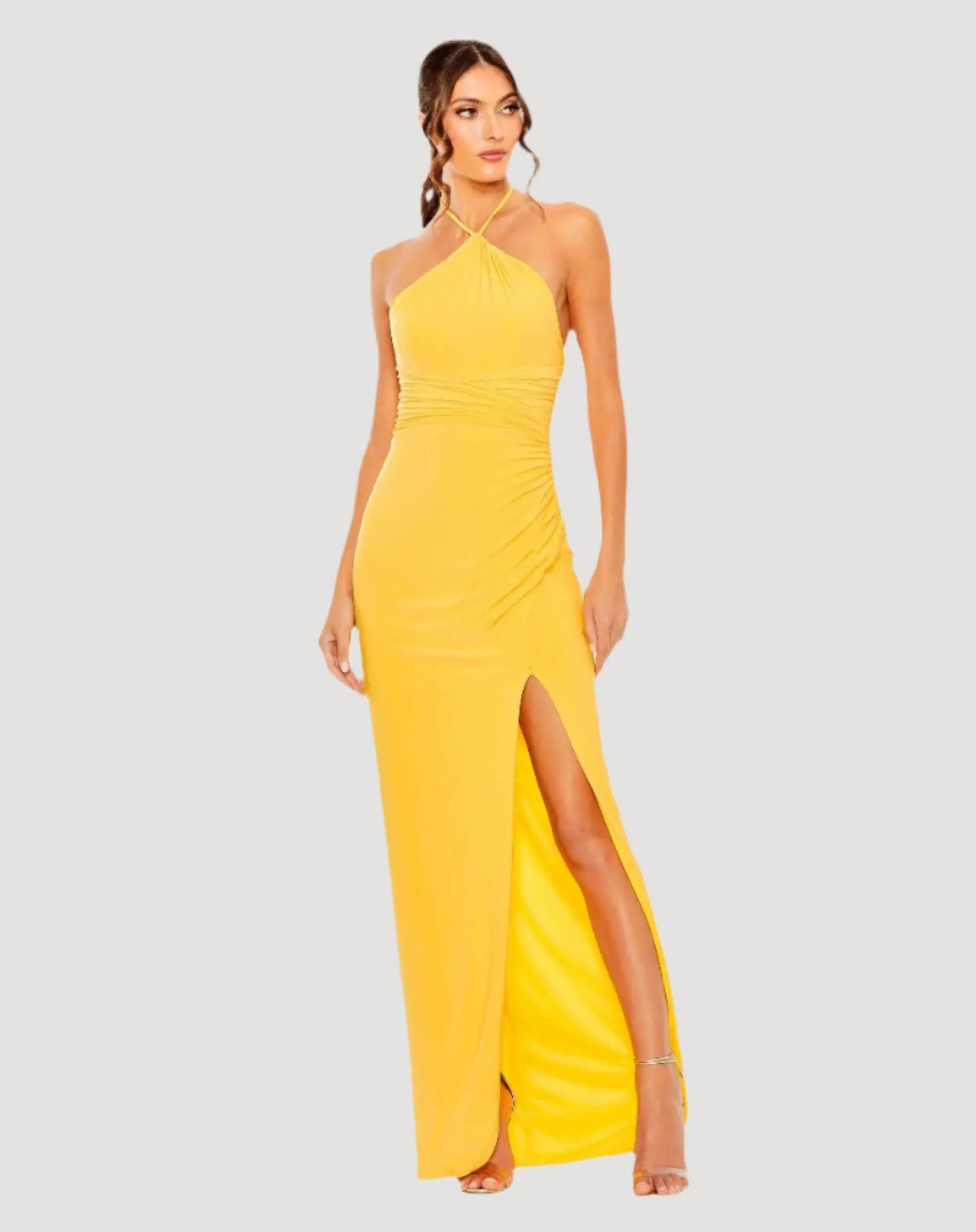 Yellow Halter Neck Ruched Side Front Slit Gown - FINAL SALE
