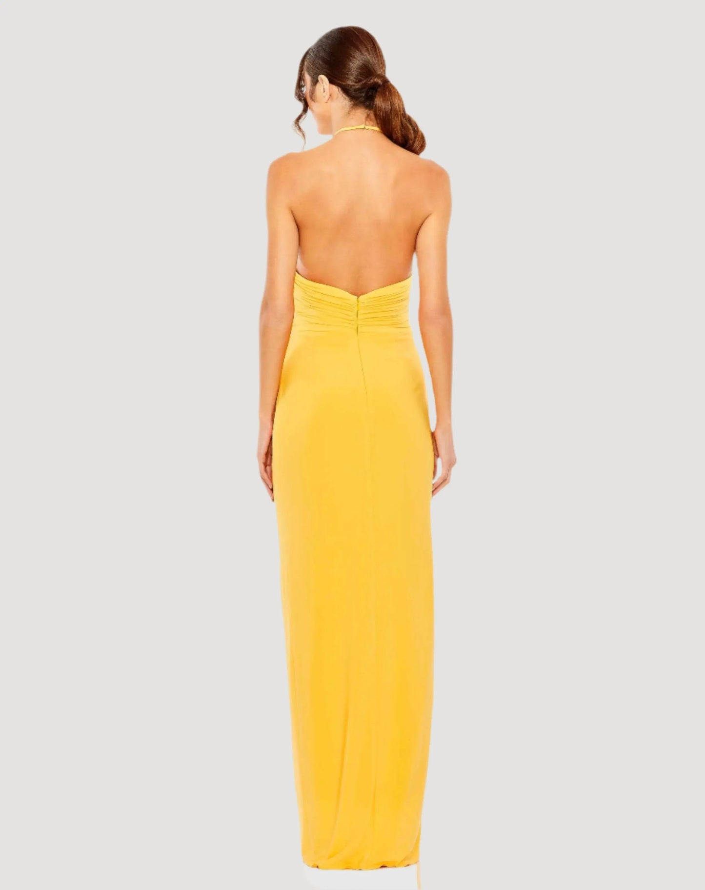 Yellow Halter Neck Ruched Side Front Slit Gown - FINAL SALE