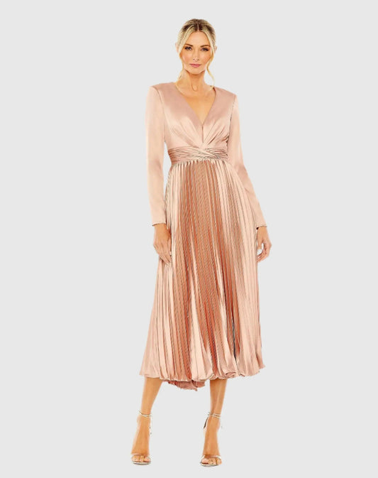Pink Pleated Long Sleeve V-Neck Dress