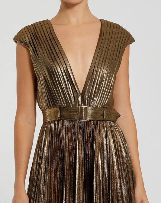 Gold Pleated Metallic Jersey Gown With Belt