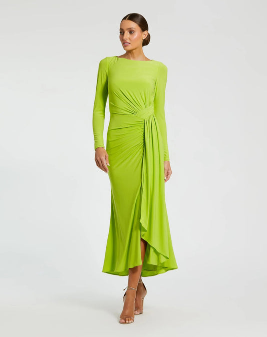 Green Ruched Long Sleeve Ruffle Hem Dress