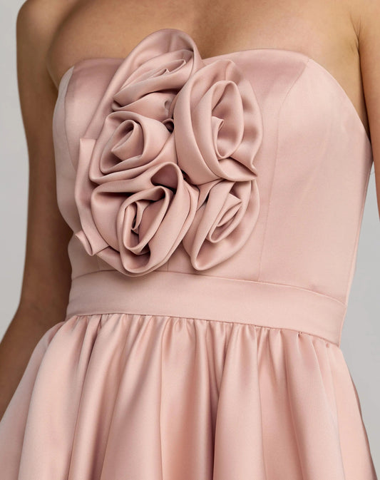 Pink Strapless Satin High Low Gown with Rosettes