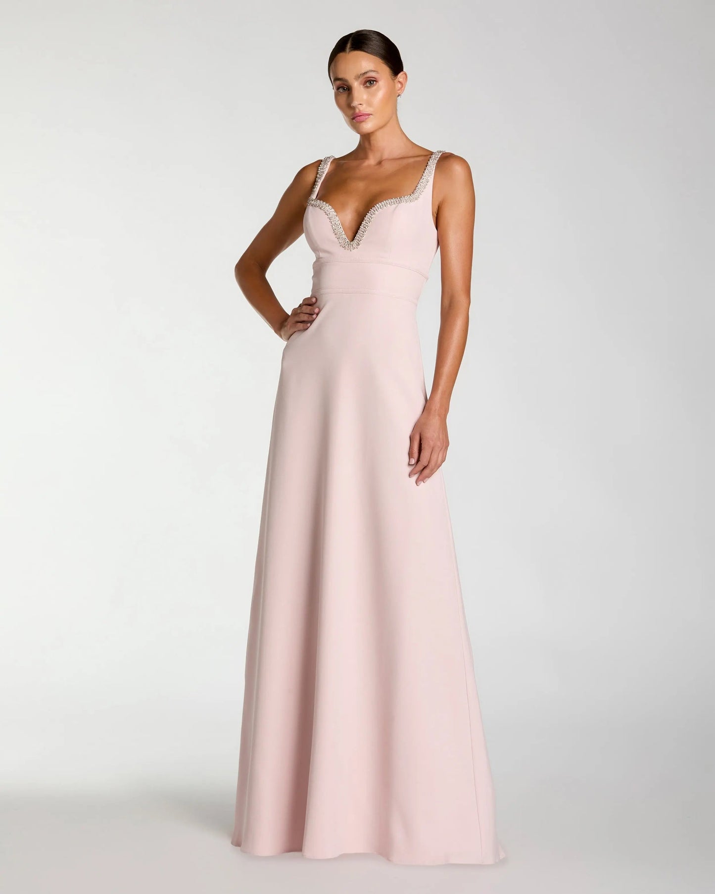 Light Pink Crepe A-Line Gown with Rhinestone Trim