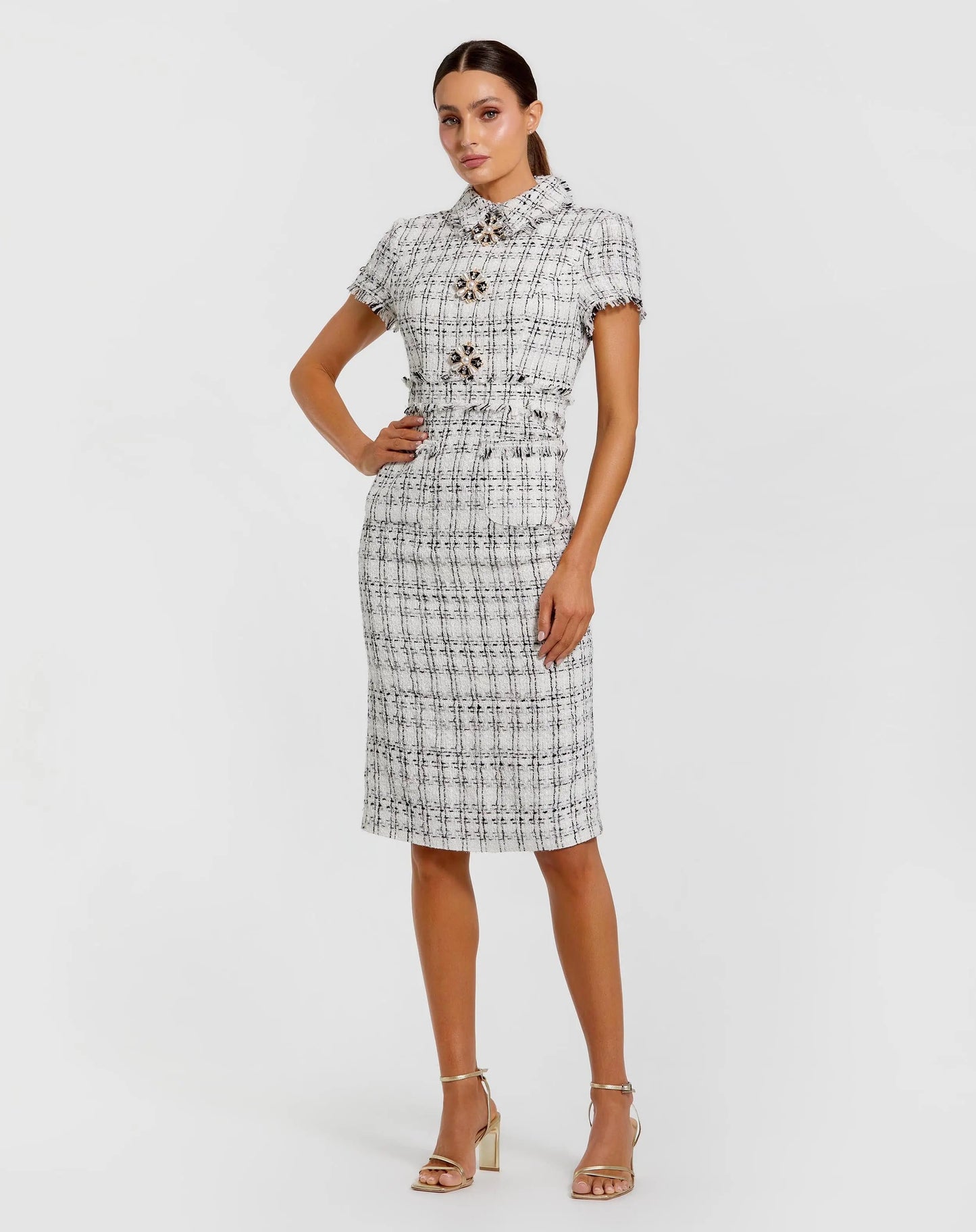 White Fitted Boucle Short Sleeve Button Up Midi Dress