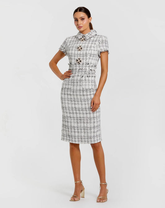 White Fitted Boucle Short Sleeve Button Up Midi Dress