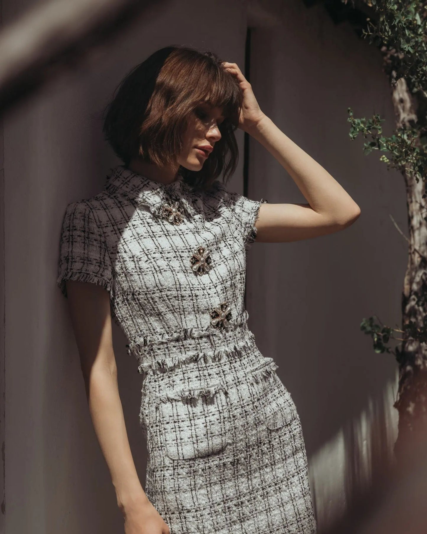 White Fitted Boucle Short Sleeve Button Up Midi Dress