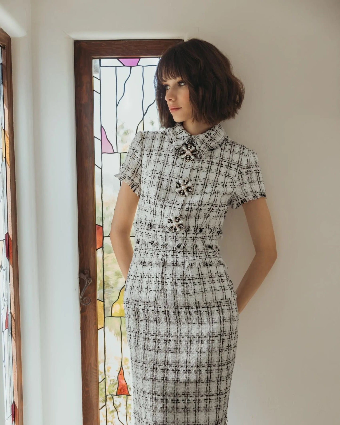 White Fitted Boucle Short Sleeve Button Up Midi Dress