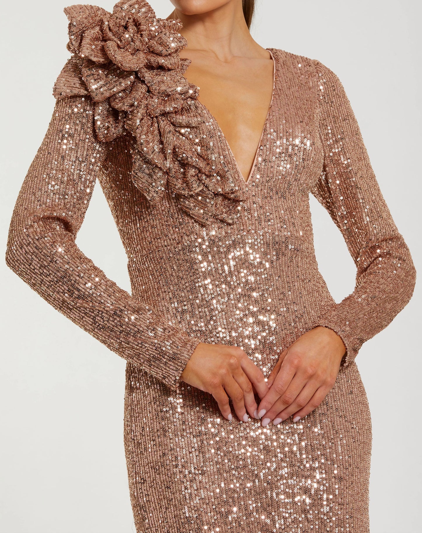 Light Pink Long Sleeve V Neck Sequin Gown With 3D Flower
