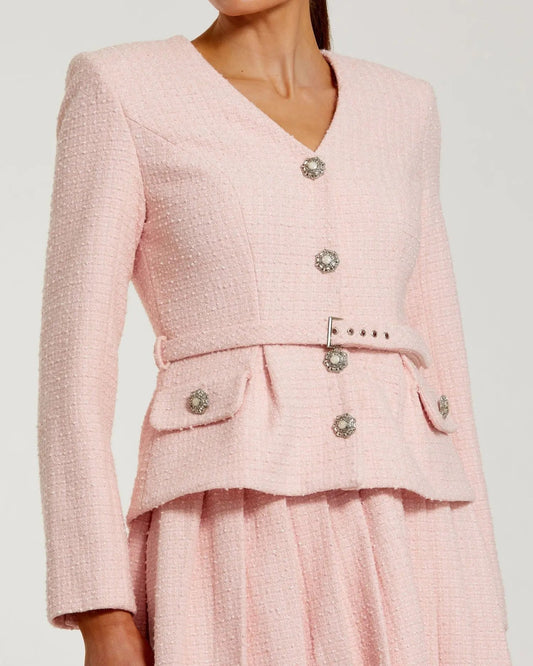 Light Pink Boucle Long Sleeve V-Neck Mini Dress