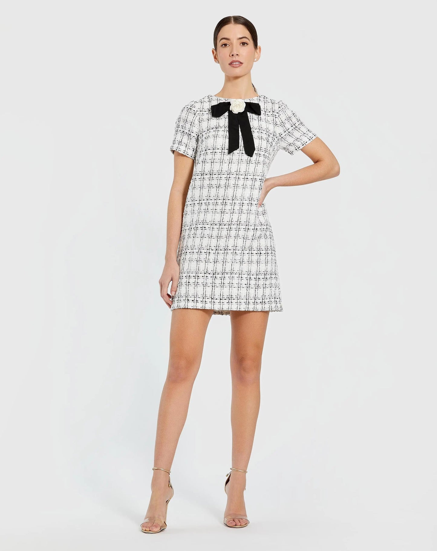 White Short Sleeve Boucle Mini Dress with Bow