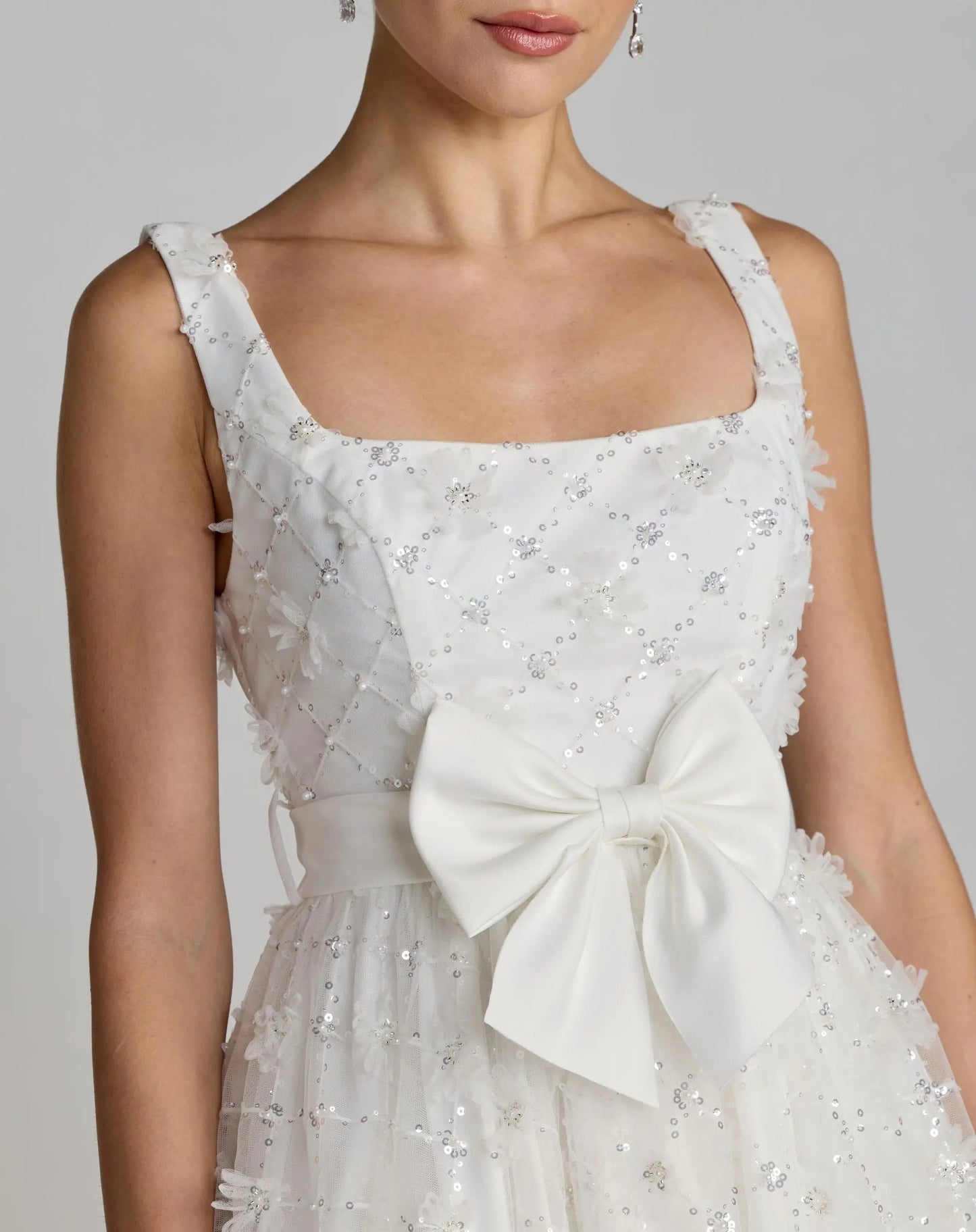 White Embellished Tulle Midi Dress with Satin Bow
