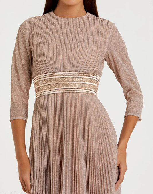 Pink Shimmering 3/4 Sleeve A-Line Midi Dress