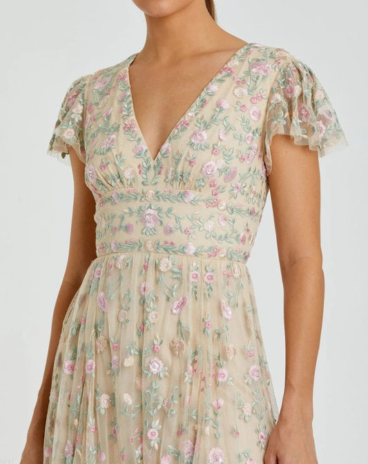 Beige Multicolor Embroidered V Neck Cap Sleeve Midi Dress - FINAL SALE