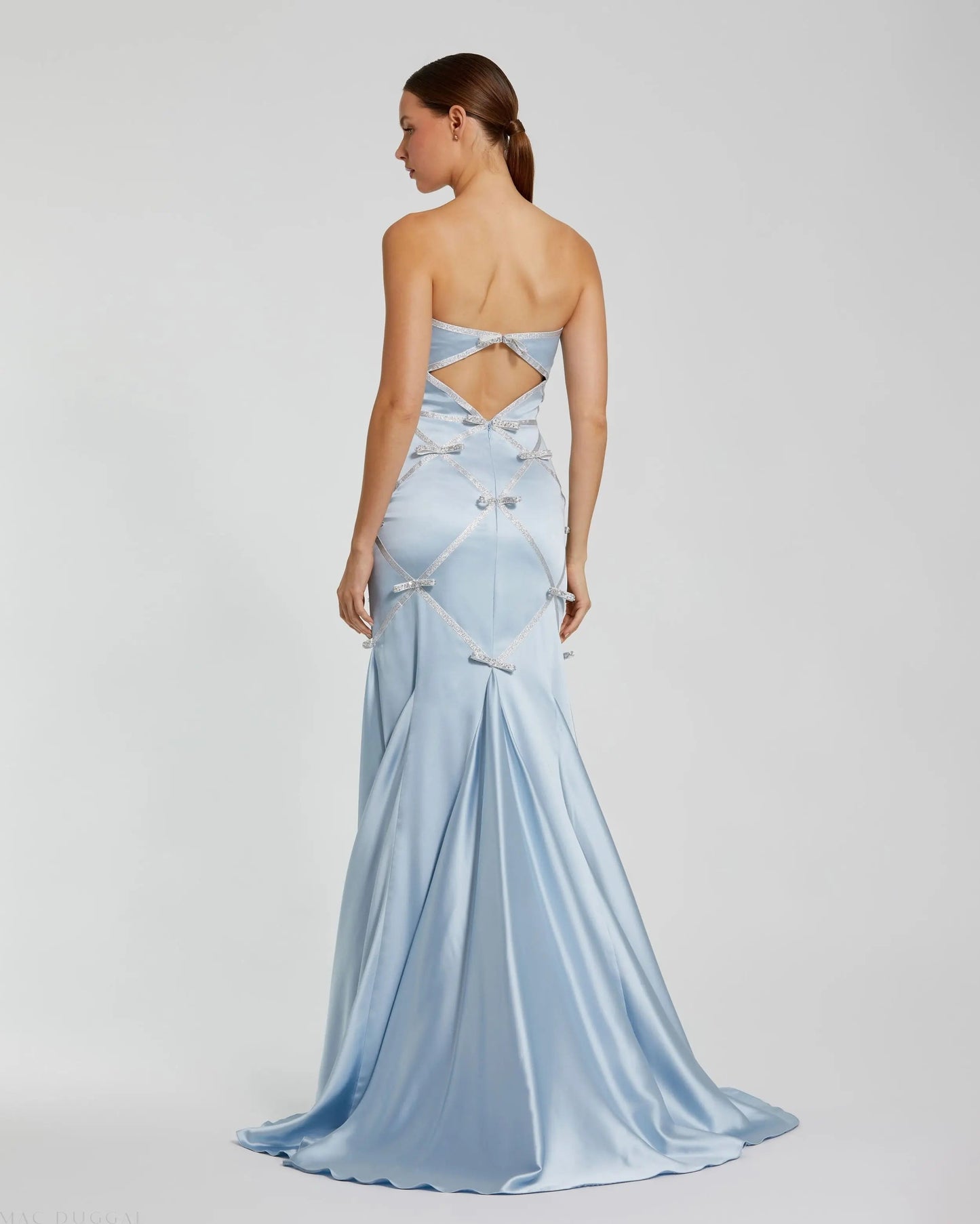 Blue Strapless Satin Trumpet Gown With Bow Details