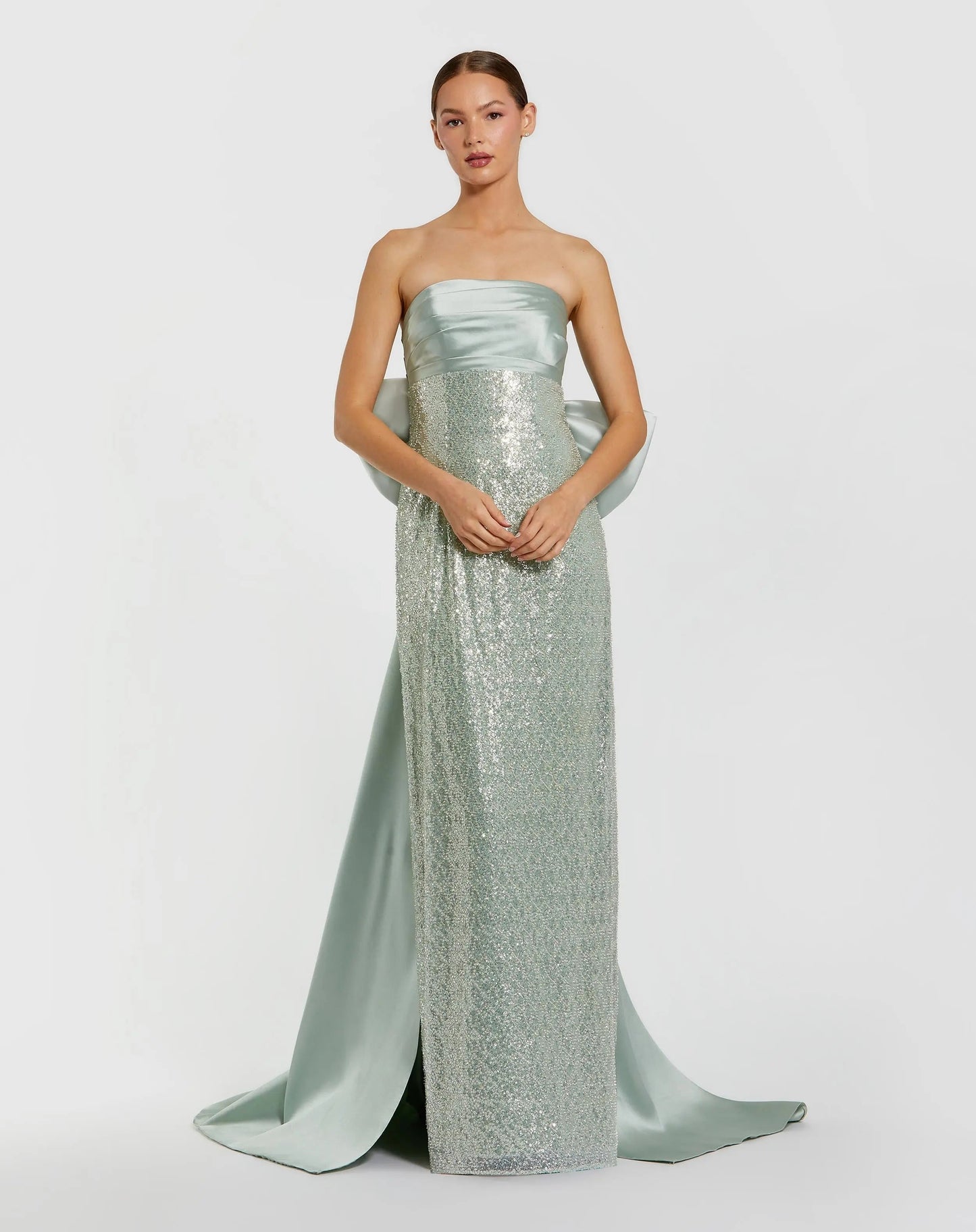 Green Strapless Embellished Gown With Back Bow Detail