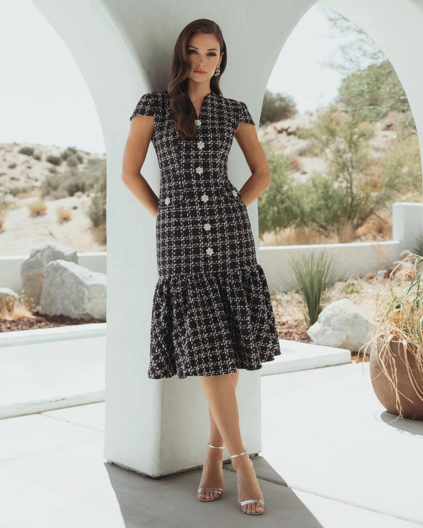 Black Cap Sleeve Boucle A Line Midi Dress