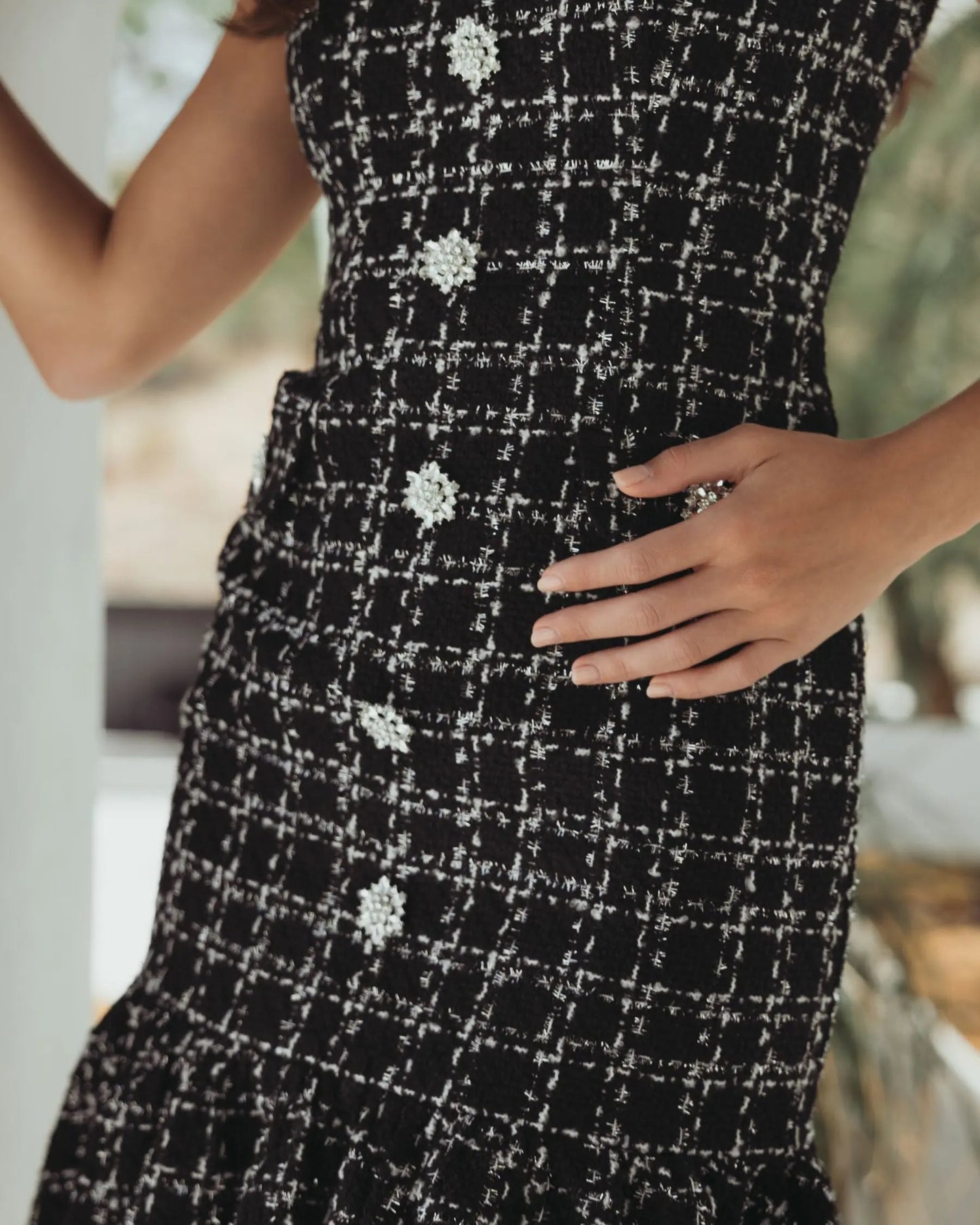 Black Cap Sleeve Boucle A Line Midi Dress