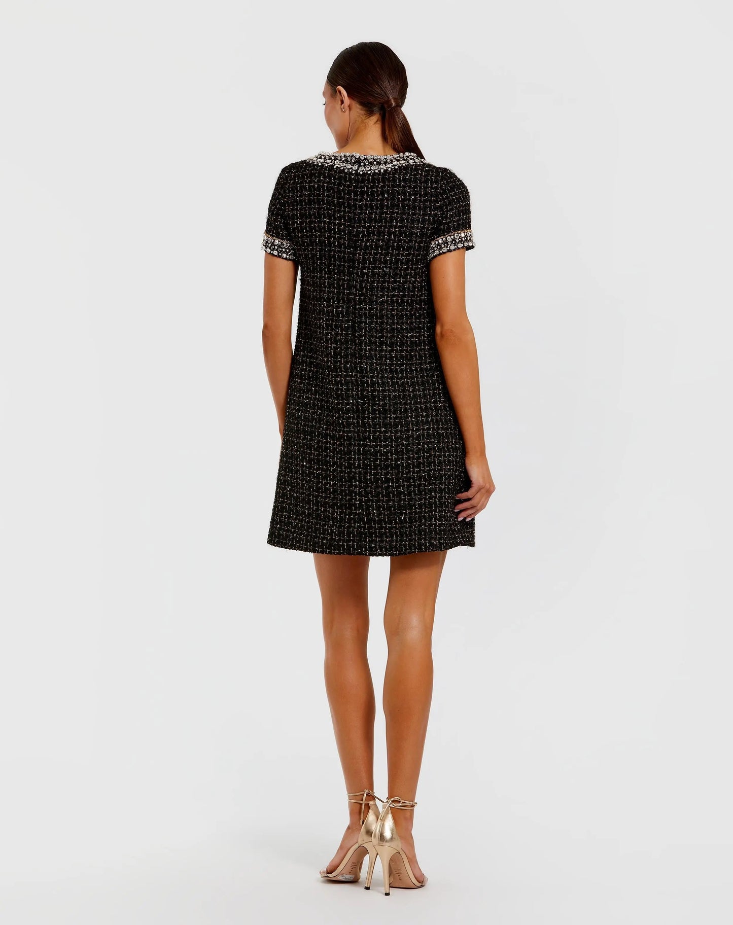 Black Short Sleeve Embellished Boucle Mini Dress