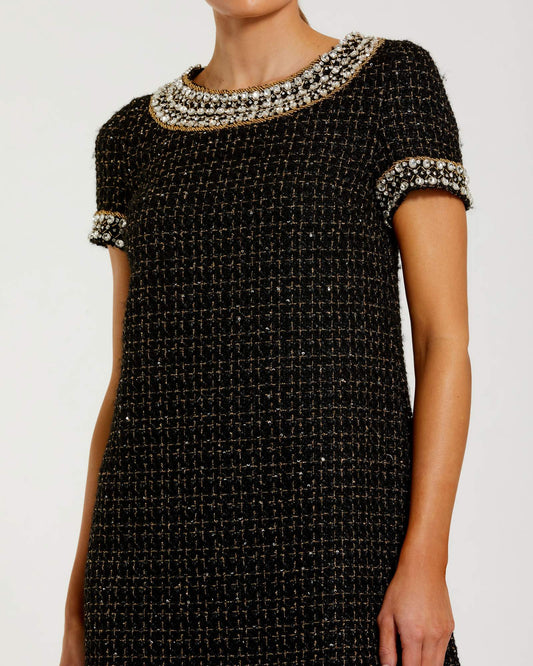 Black Short Sleeve Embellished Boucle Mini Dress
