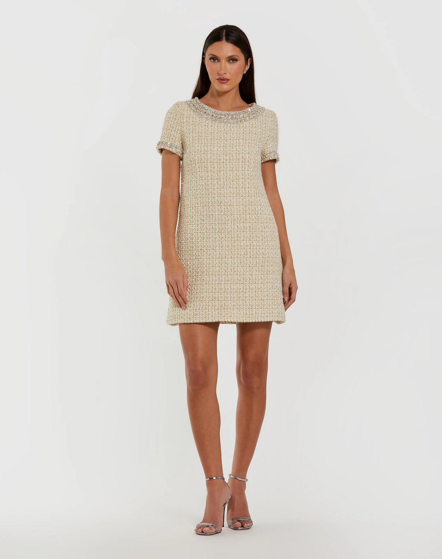 Ivory Short Sleeve Embellished Boucle Mini Dress