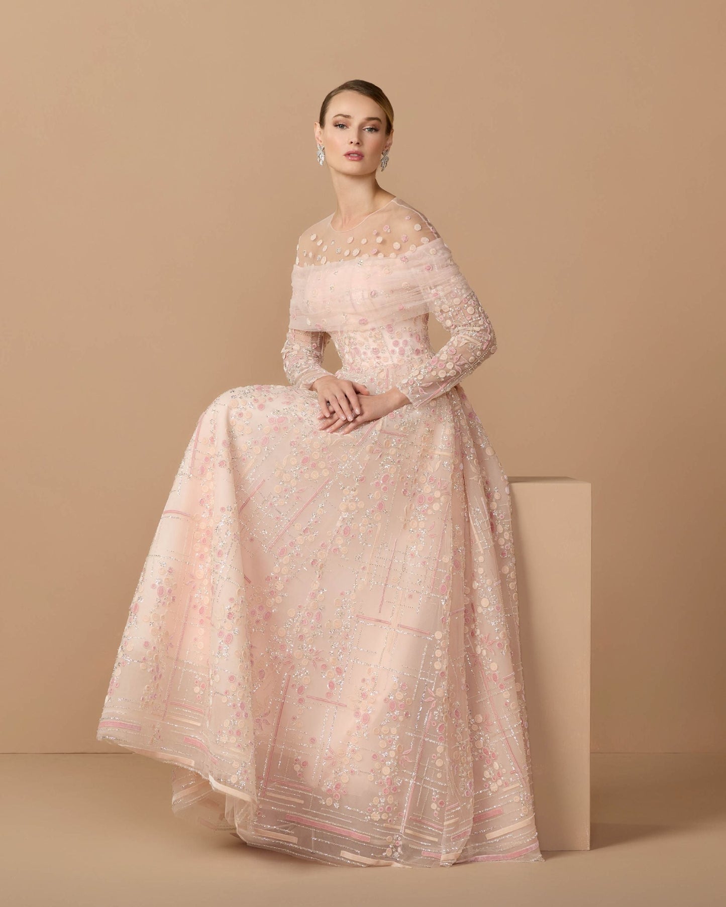 Pink Embroidered Illusion Long Sleeve Ball Gown