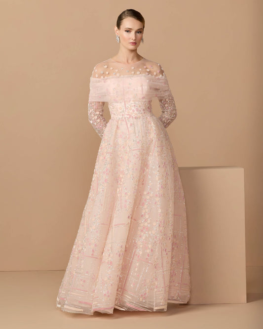 Pink Embroidered Illusion Long Sleeve Ball Gown
