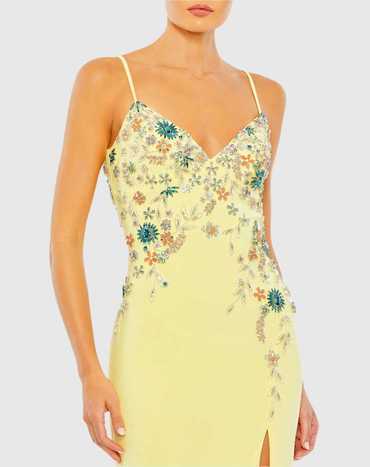Yellow Multi Color Beaded Floral Cami Gown