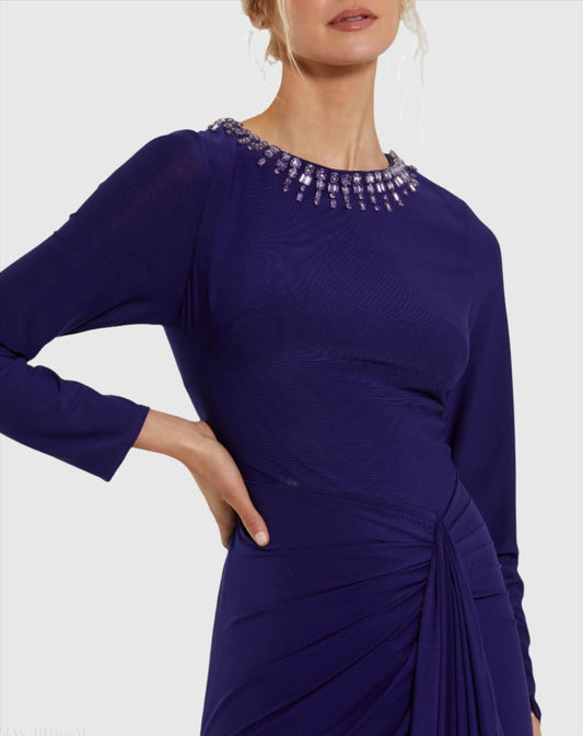 Purple Long Sleeve Jersey Ruched Gown With Beaded Neck