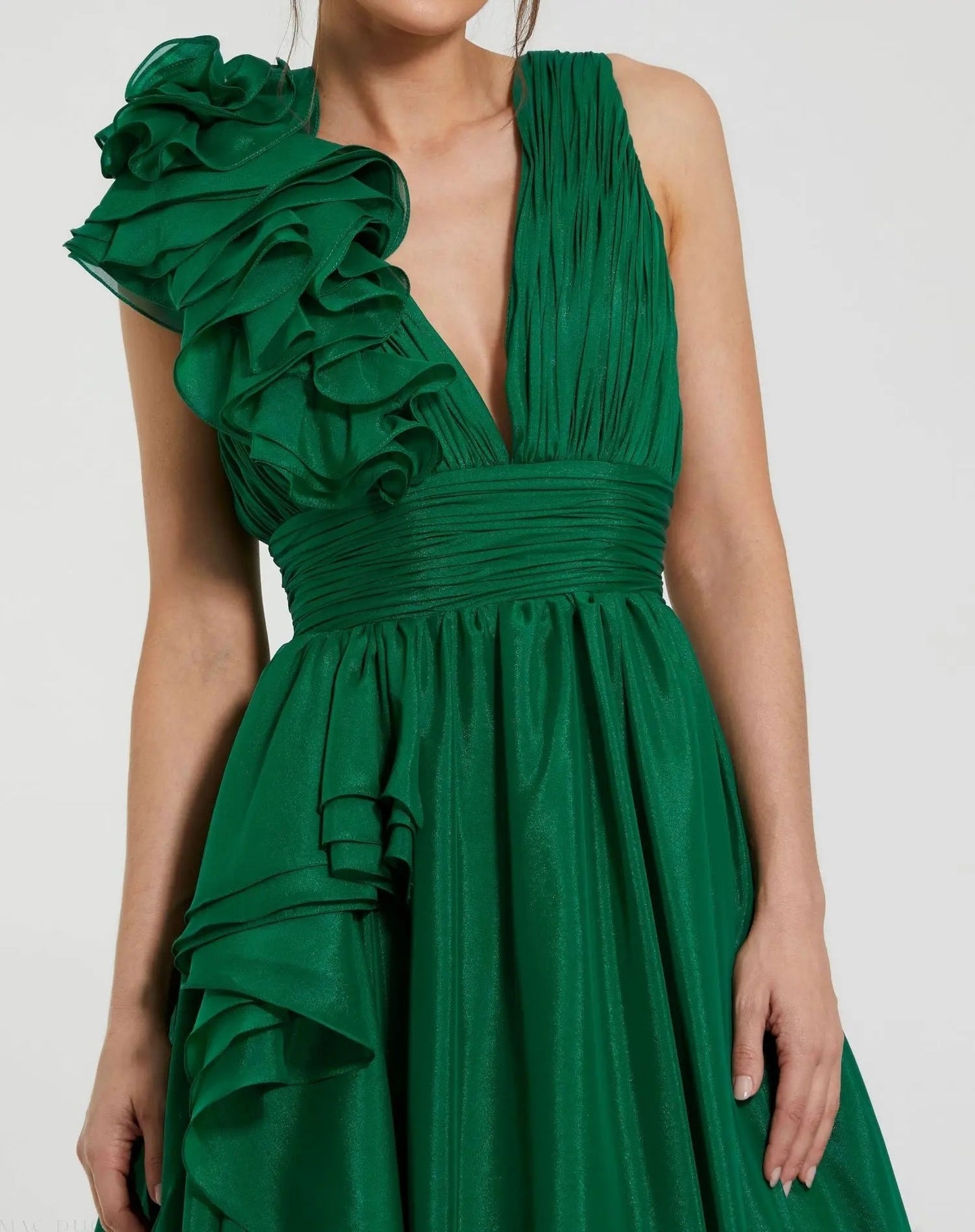 Emerald Green Ruffle Shoulder V-Neck Chiffon Gown