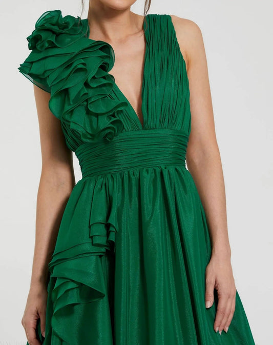 Emerald Green Ruffle Shoulder V-Neck Chiffon Gown